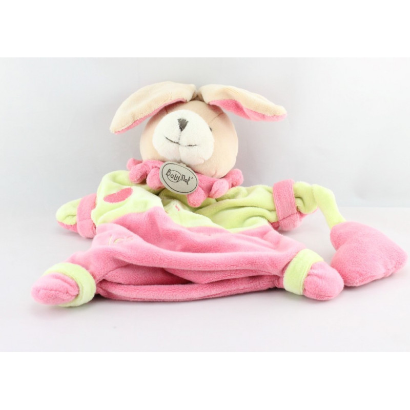 Doudou plat marionnette lapin rose vert Fiona adore les bisous BABY NAT