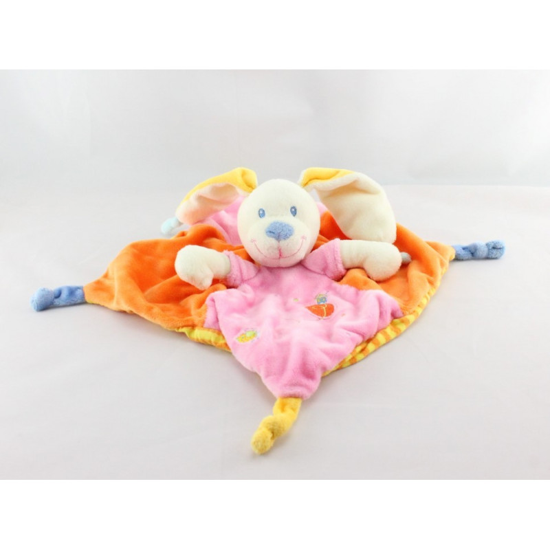 Doudou plat lapin rose orange oiseau MOTS D'ENFANTS