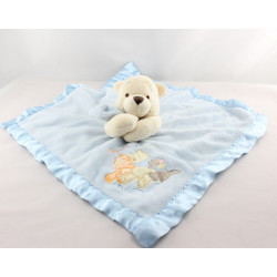 Doudou plat couverture bleu satin Winnie l'ourson Snuggle time Disney