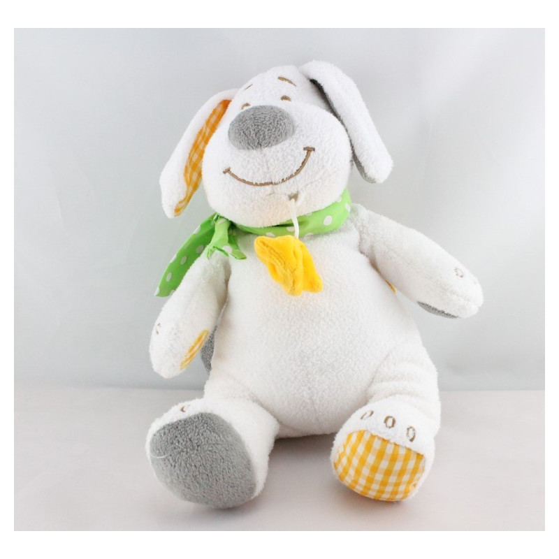 Doudou musical chien blanc gris vert jaune BENGY