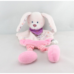 Doudou plat lapin rose fleurs oiseau foulard TEX BABY NEUF