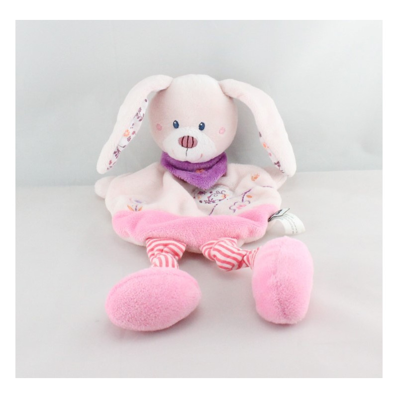 Doudou plat lapin rose fleurs oiseau foulard TEX BABY NEUF