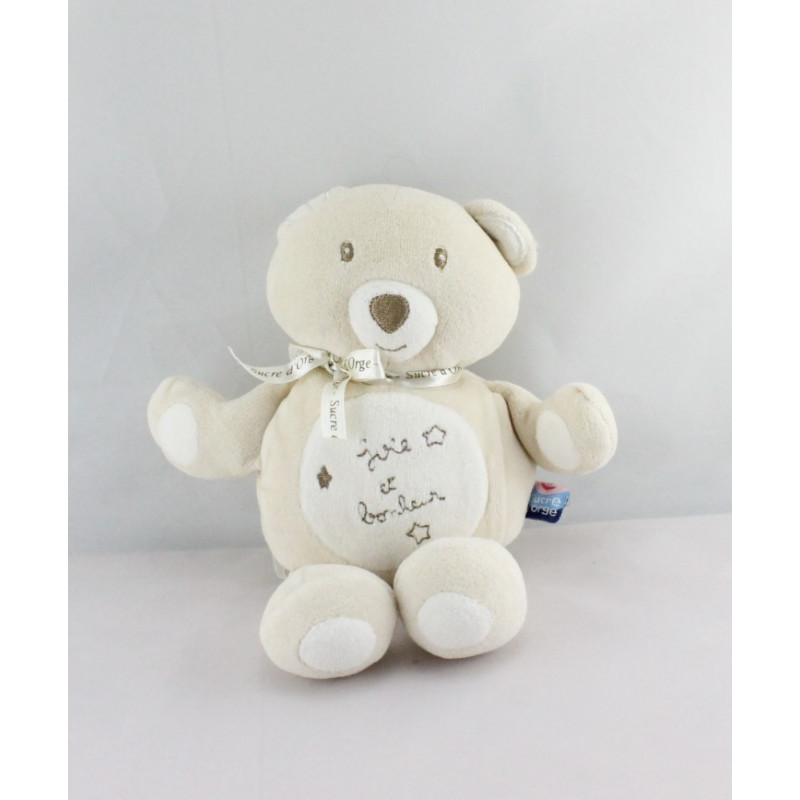 Doudou ours beige blanc joie et bonheur SUCRE D'ORGE