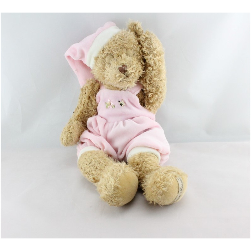 Doudou peluche ours beige salopette rose LOUISE MANSEN