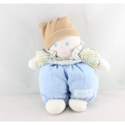 Doudou Poupée lutin bleu blanc carreaux grelot NOUNOURS