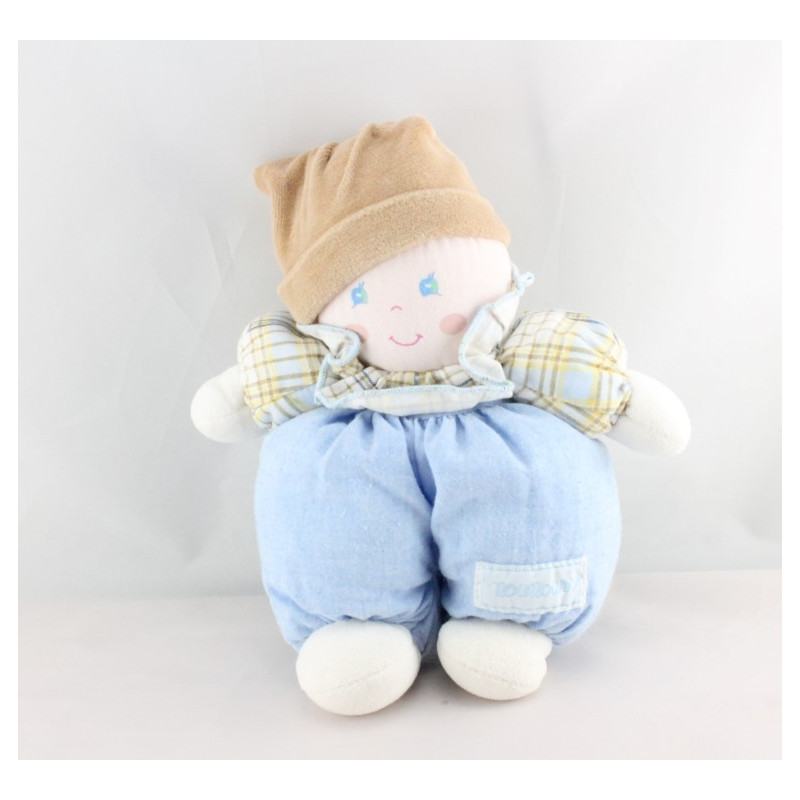 Doudou Poupée lutin bleu blanc carreaux grelot NOUNOURS