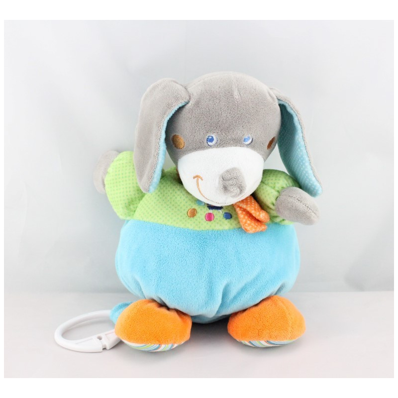 Doudou musical Chien gris bleu vert pois Jongleur MOTS D'ENFANTS