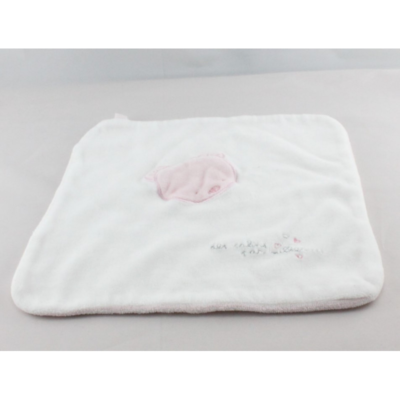 Doudou plat blanc ours rose des calins par millier