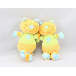 Doudou chat orange vert bleu SAUTHON 13 cm lot de 2