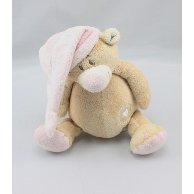 Doudou musical ours beige Tom bonnet rose coeur DOUKIDOU