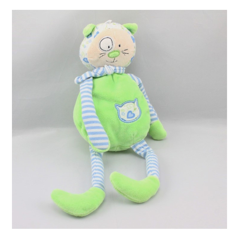 Doudou chat rayé bleu vert CP INTERNATIONAL