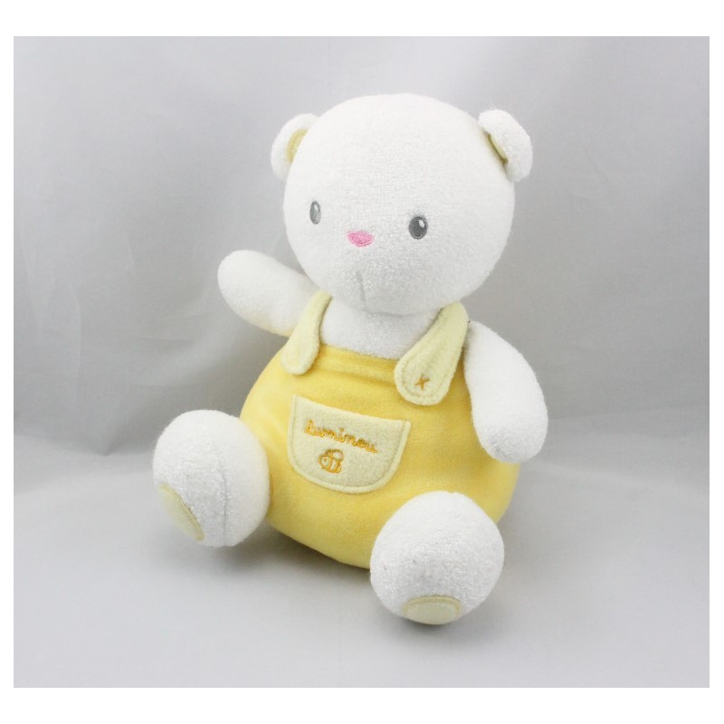 Doudou ours blanc salopette jaune LUMINOU 18 cm