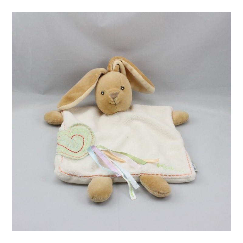 Doudou plat lapin blanc coeur vert rubans Que du Bonheur KALOO