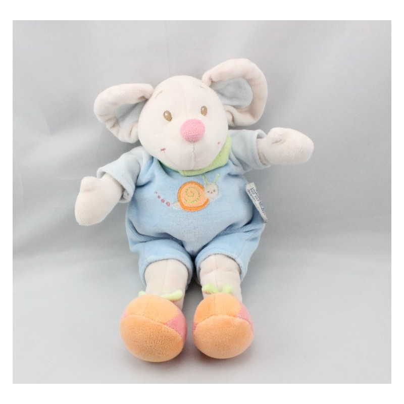 Doudou souris bleu escargot brodé NATTOU 