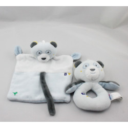 Doudou plat ours panda bleu blanc avec hochet SUCRE D'ORGE