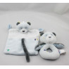Doudou plat ours panda bleu blanc avec hochet SUCRE D'ORGE