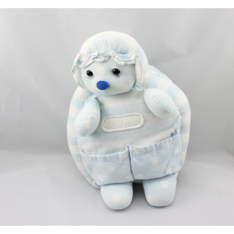 Doudou ours bébé blanc salopette bleu bonnet JACADI