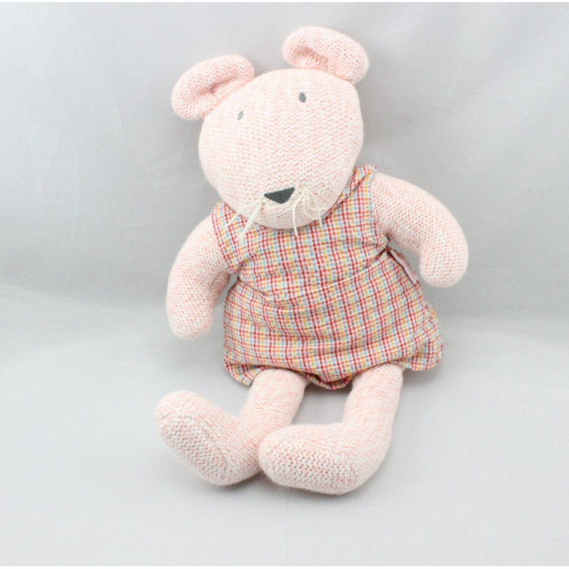 Doudou souris rose robe vichy laine COROLLE