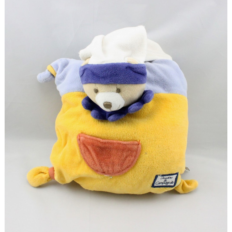 Doudou semi Plat coussin Ours arlequin multicolore avec Bonnet Doudou et Compagnie