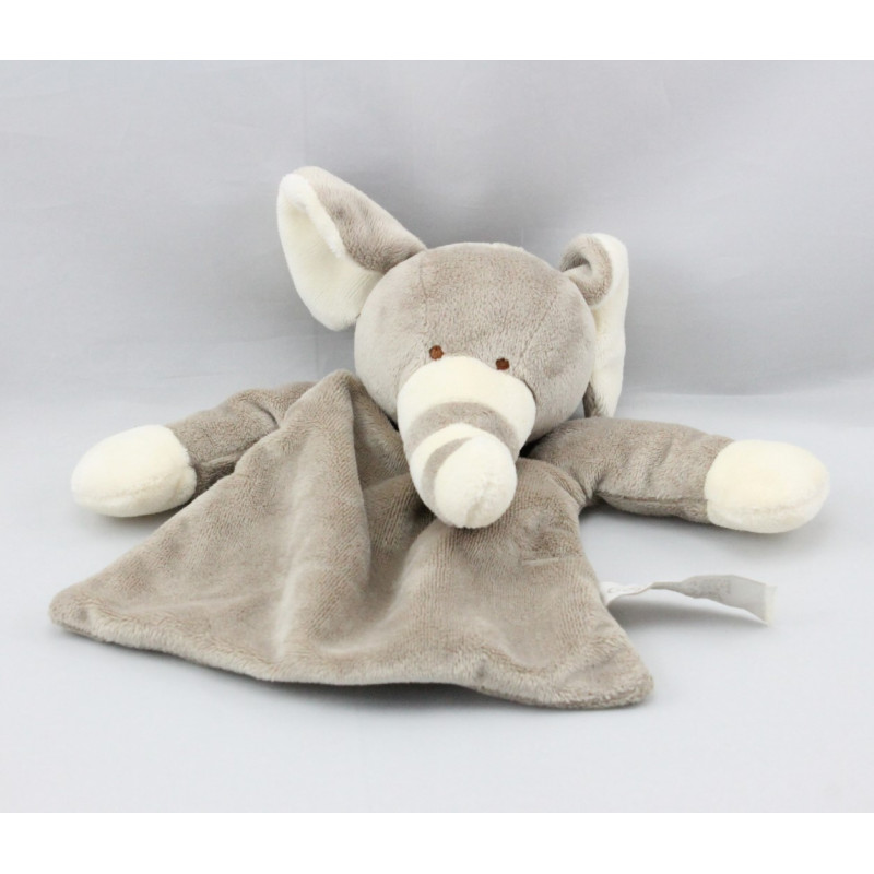 Doudou plat éléphant gris trompe à rayures CHARLY ET CIE