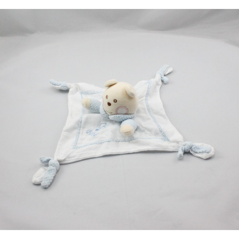 Doudou plat ours blanc bleu B coeur Bébé NOUNOURS