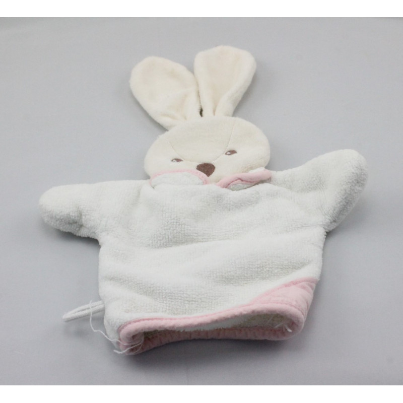 Doudou marionnette éponge lapin blanc rose KALOO