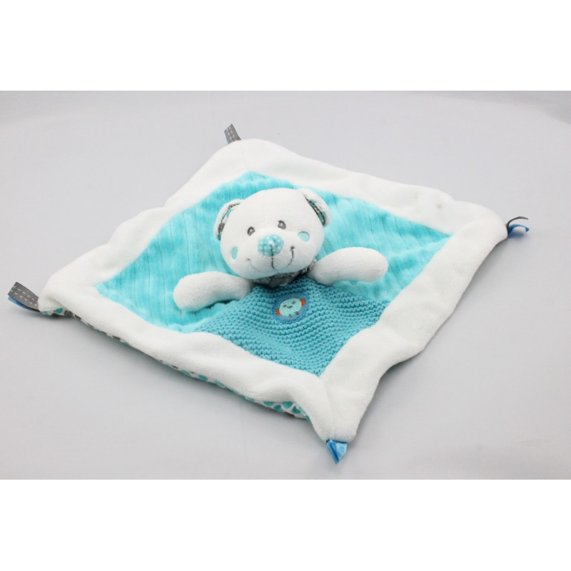 Doudou plat ours blanc bleu pois oiseau NICOTOY