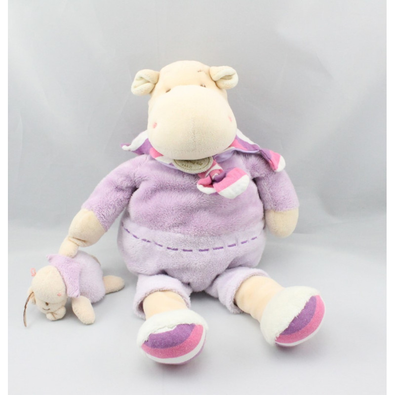 Doudou et compagnie hippopotame Léo blanc mauve et son bébé 