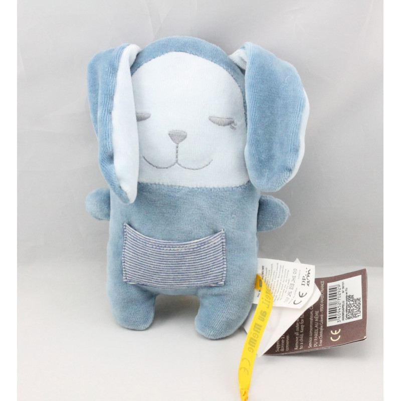 Doudou lapin bleu endormi poche rayé DPAM