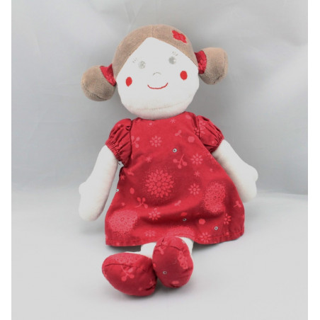 Doudou poupée robe rouge fleurs SUCRE D'ORGE
