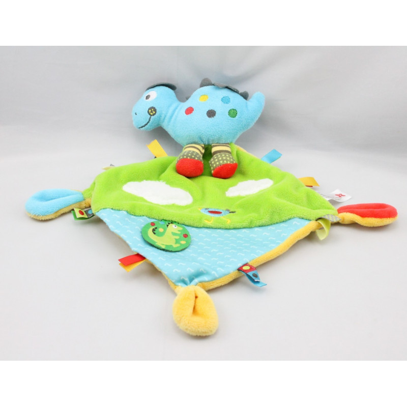 Doudou plat dinosaure bleu mouchoir bleu vert NICOTOY