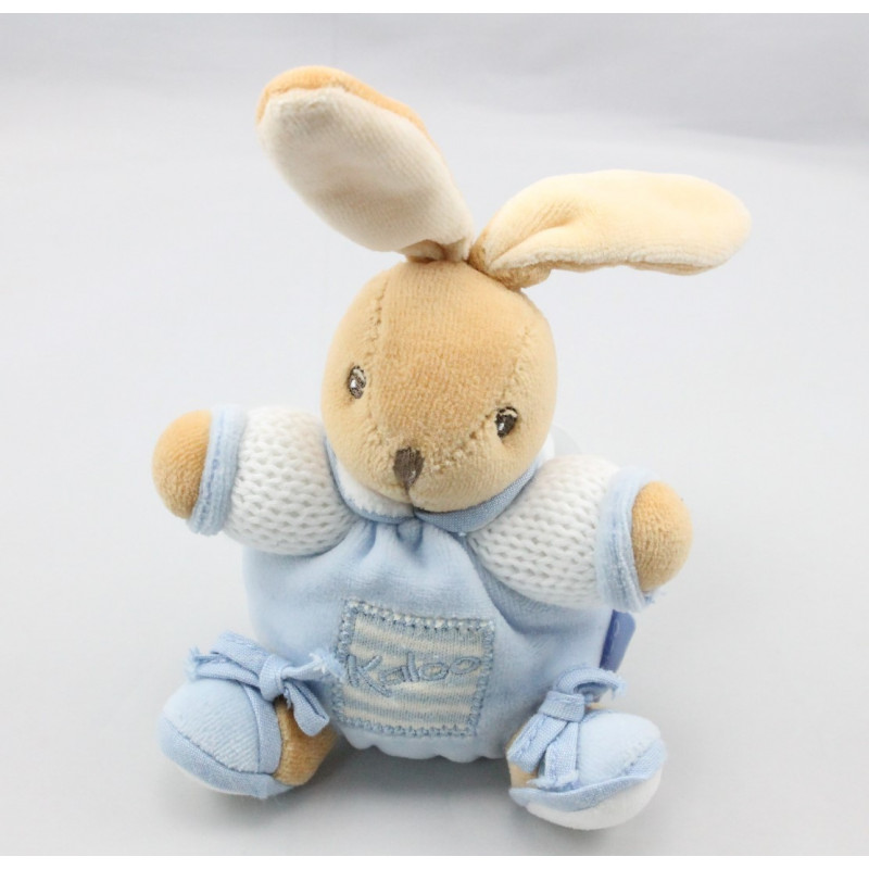 Mini doudou lapin blanc bleu laine attache tétine KALOO