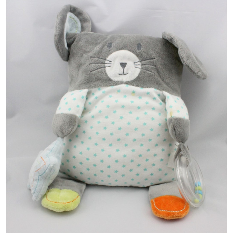 Doudou coussin souris grise blanche étoiles bleues hochet OBAIBI