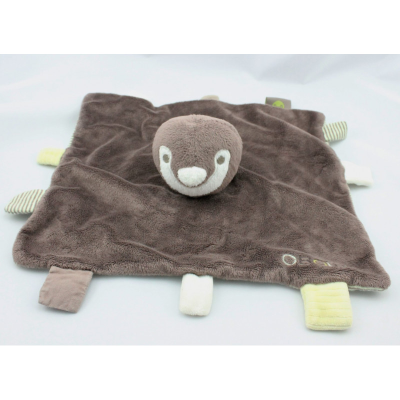 Doudou plat oiseau marron vert rayé OBAIBI