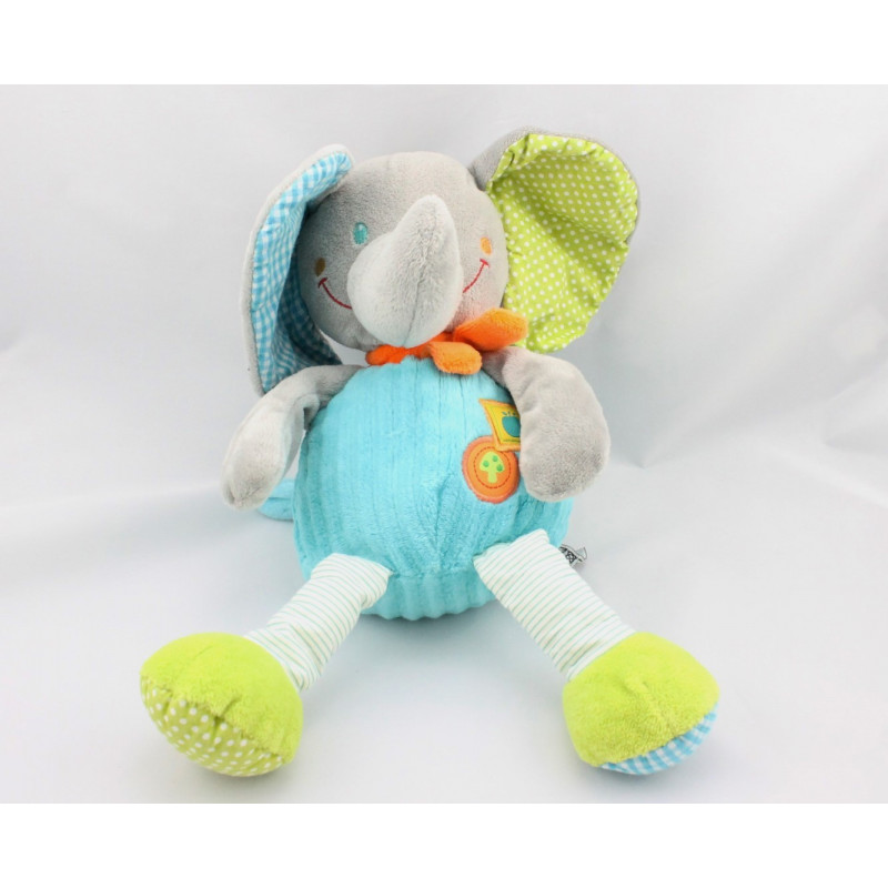 Doudou éléphant gris bleu vert pois rayures MOTS D'ENFANTS 