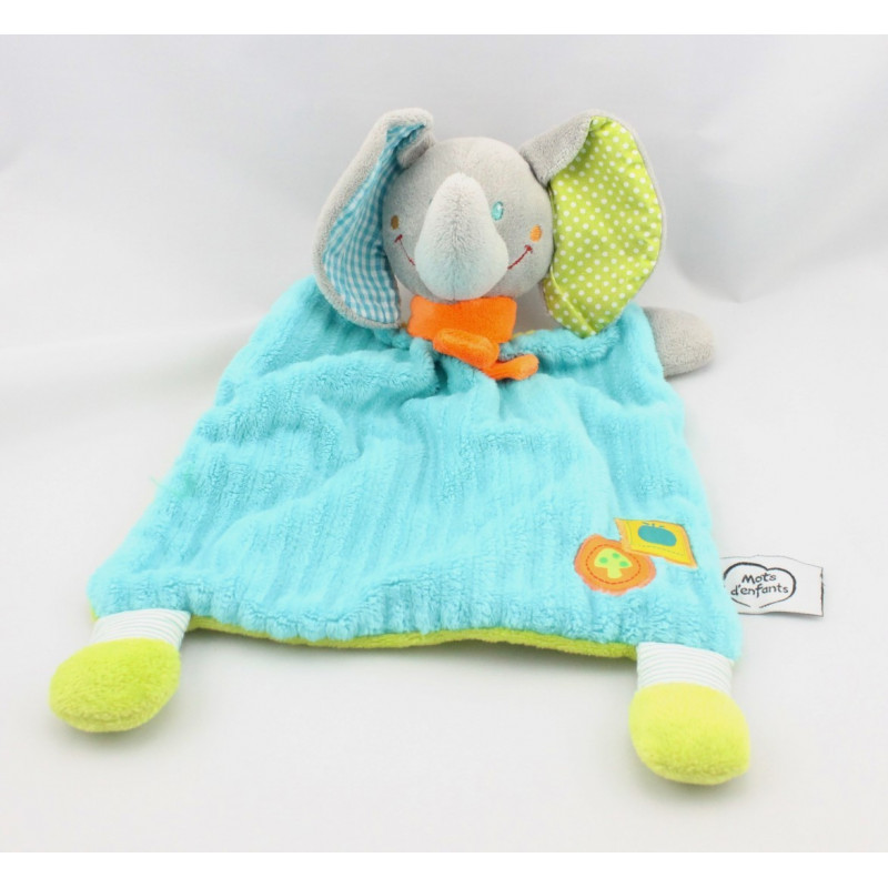 Doudou plat éléphant gris bleu vert pois rayures MOTS D'ENFANTS