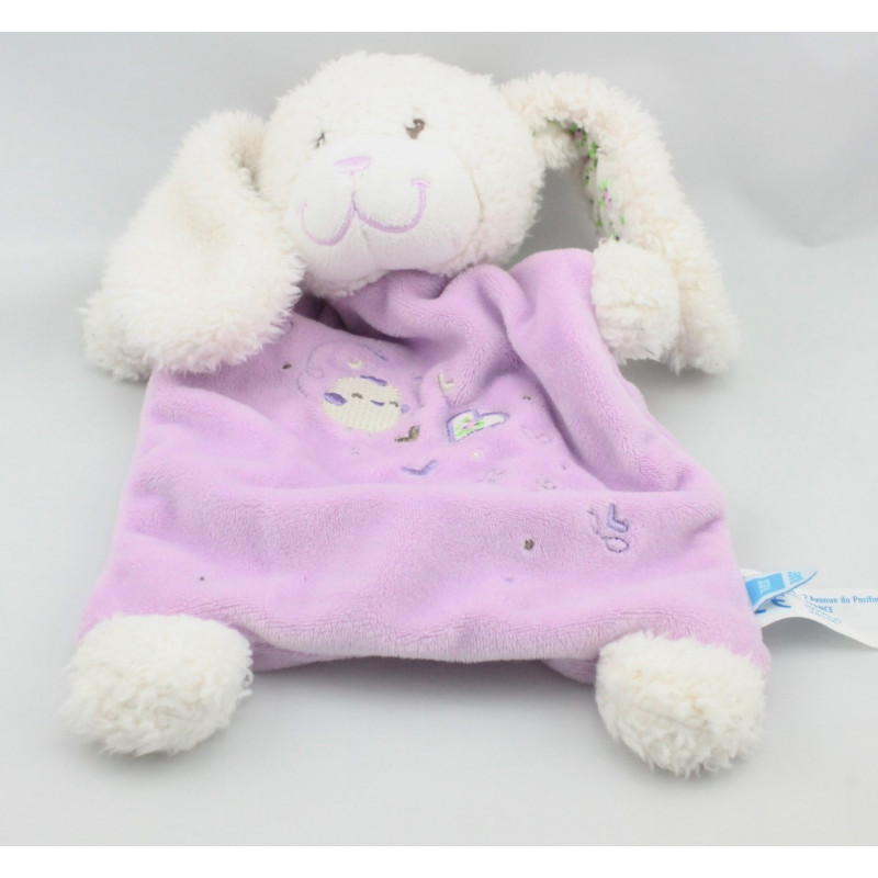 Doudou plat lapin blanc mauve coeurs TEX BABY