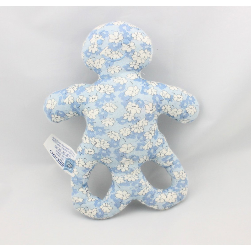 Doudou hochet forme OB bleu fleurs OBAIBI
