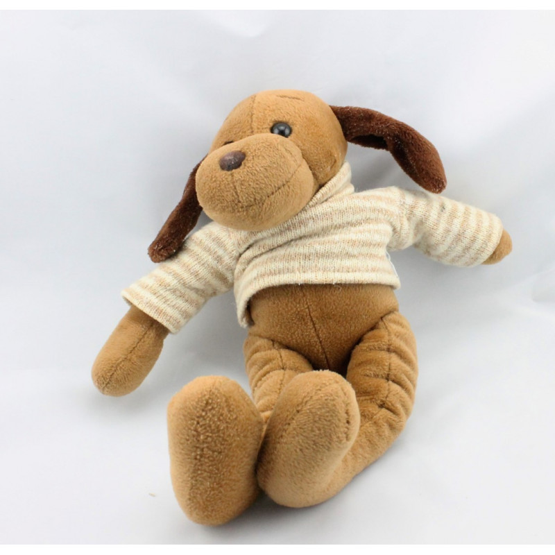 Doudou chien marron pull rayé beige en laine NOUNOURS