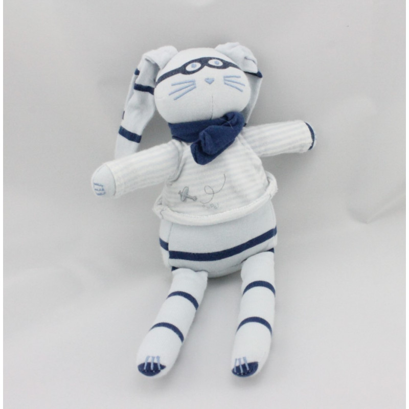 Doudou Lapin bleu rayé bleu marine lunette avion PETIT BATEAU