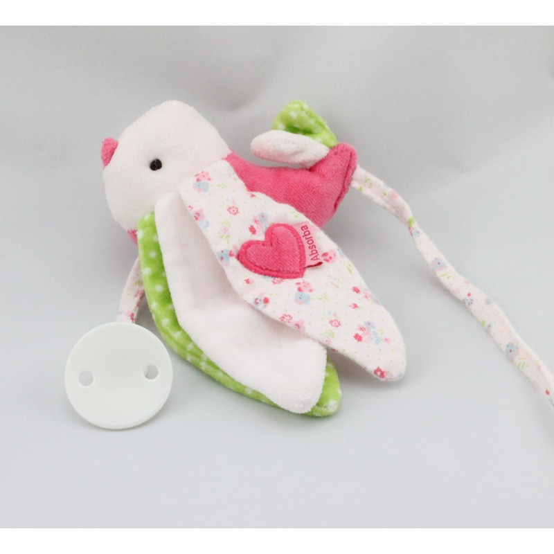 Doudou attache tétine oiseau rose blanc vert ABSORBA