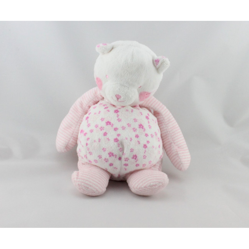 Doudou chat blanc rose fleurs TCF TOUT COMPTE FAIT