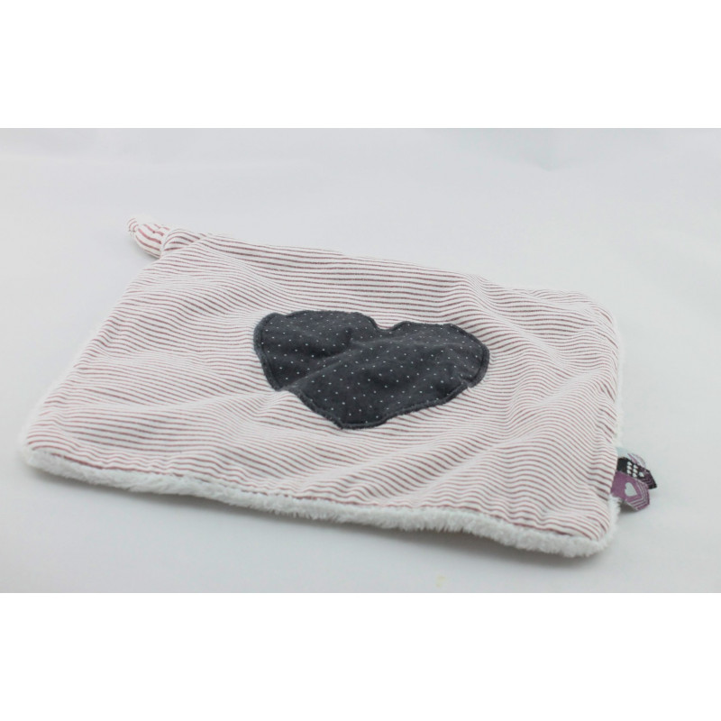 Doudou plat carré blanc rayé prune coeur noir pois OBAIBI