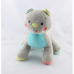 Doudou chat gris bleu jaune rouge poissons SUCRE D'ORGE