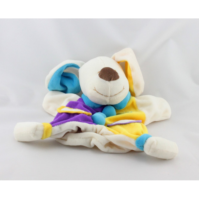 Doudou plat marionnette chien blanc jaune violet bleu MONDO