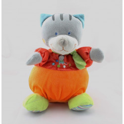 Doudou musical chat gris rouge orange pois chat brodé MOTS D'ENFANTS