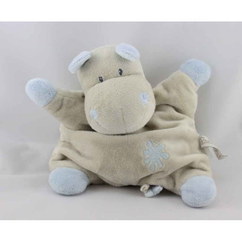 Doudou semi plat hippopotame beige bleu PREMAMAN
