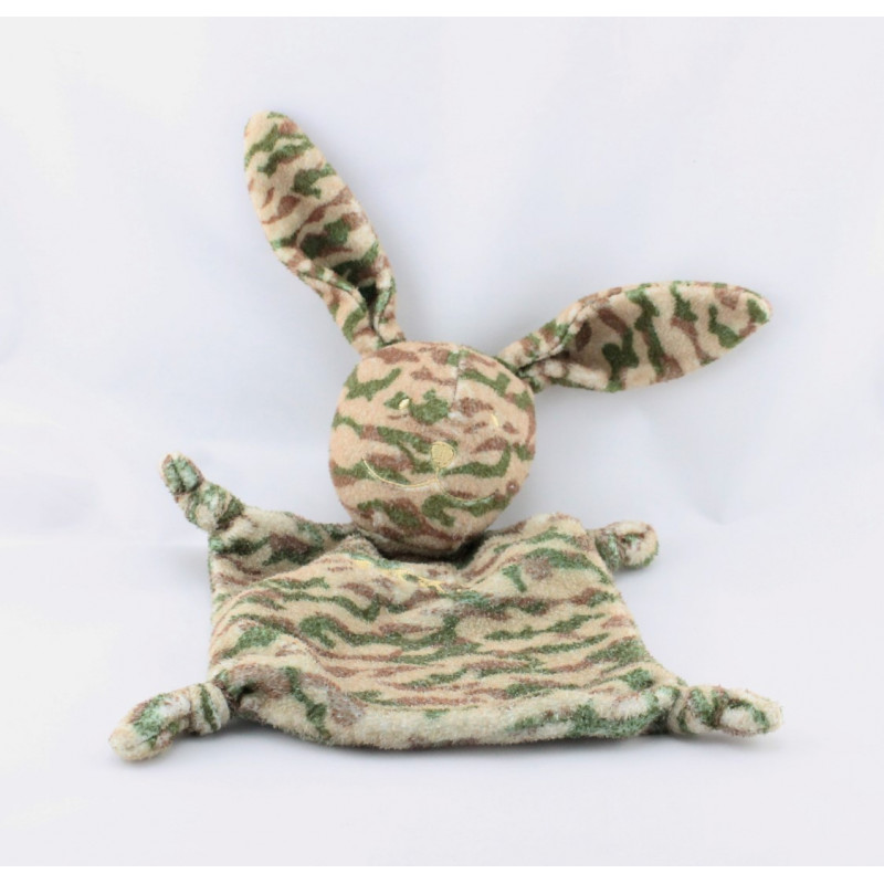 Doudou plat lapin vert marron camouflage IKKS
