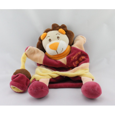 Doudou et Compagnie plat marionnette lion rouge jaune avec bébé singe