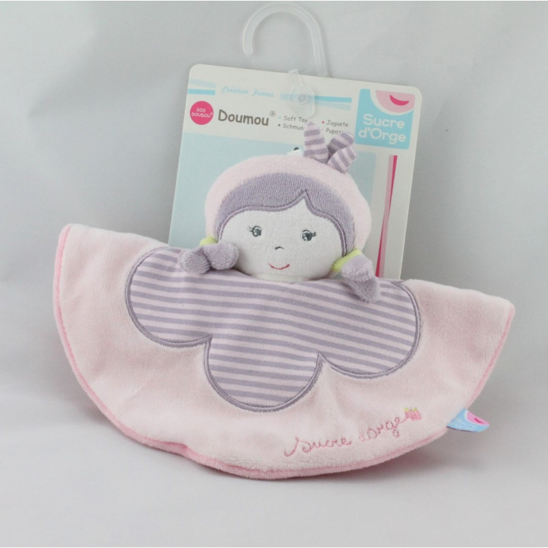 Doudou plat poupée rose mauve fleur SUCRE D'ORGE